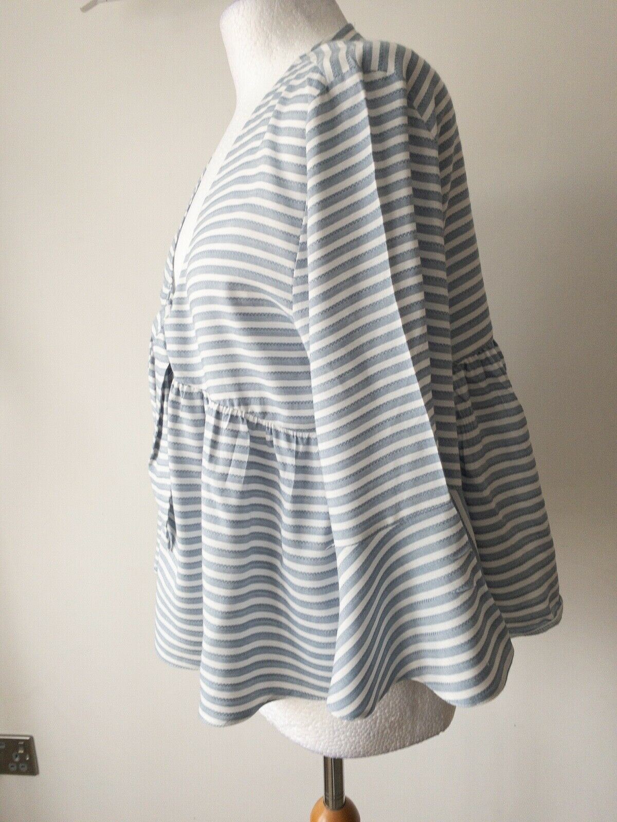 Blue and White Striped Tie Front Plunge V-Check Peplum Top Size 12
