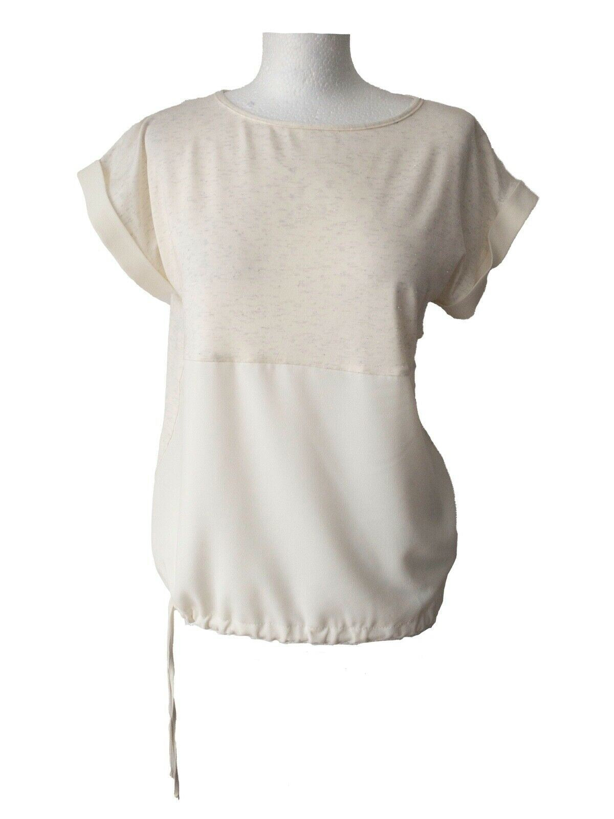 Cream Contrast Material Pull Cord Hem Top Size 10 Metallic Thread - Beagle Boutique Fashion Outlet