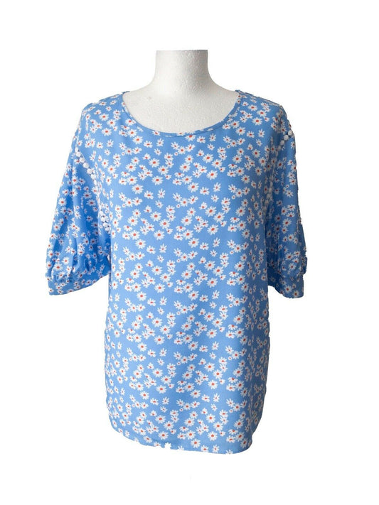 Cornflower Blue Floral Top Size 10 Cut out Detail top of arms - Beagle Boutique Fashion Outlet