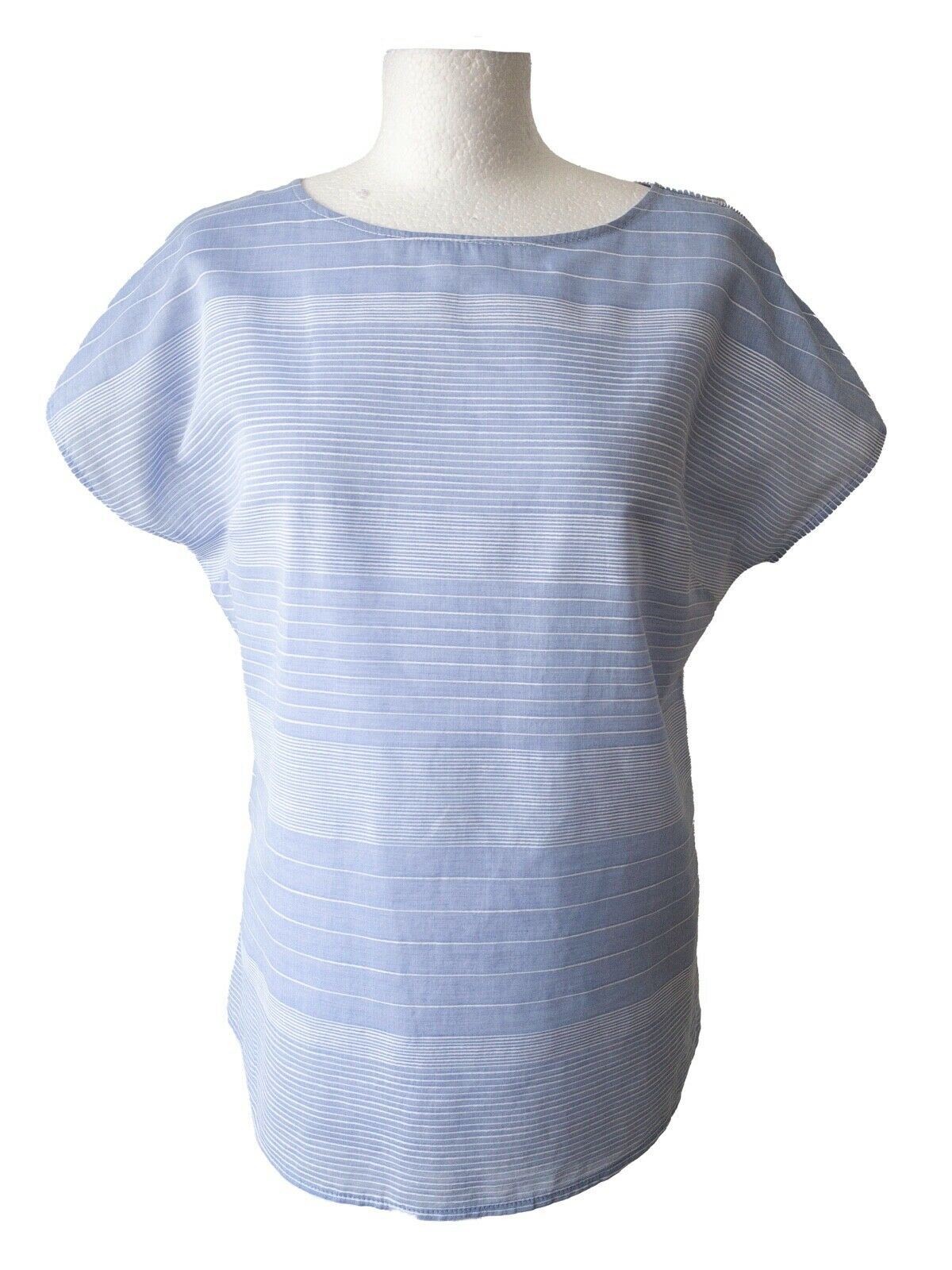 Contrast T-Shirt Blue Striped Front and Solid White Back Size 10 Button Detail - Beagle Boutique Fashion Outlet