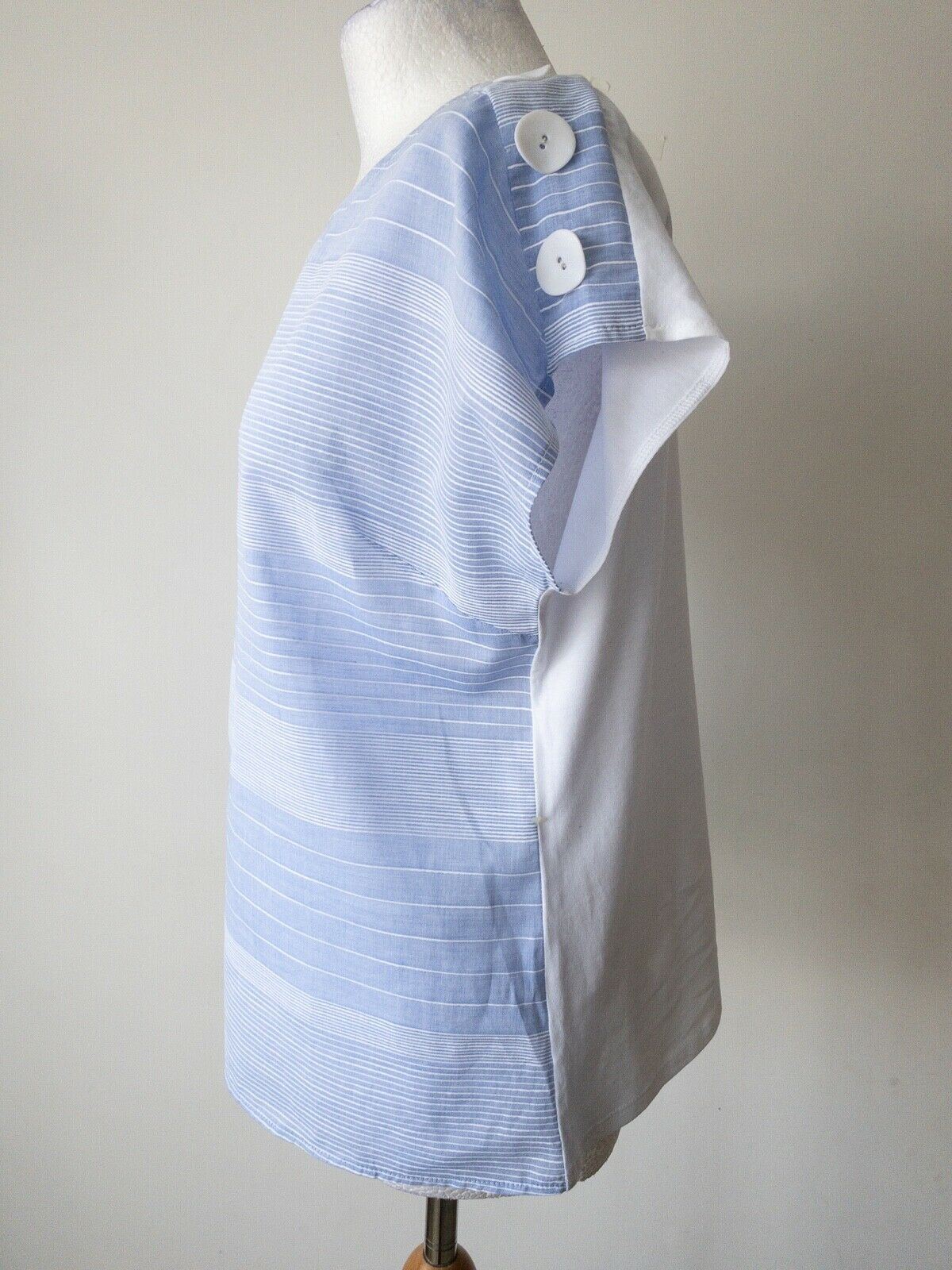 Contrast T-Shirt Blue Striped Front and Solid White Back Size 10 Button Detail
