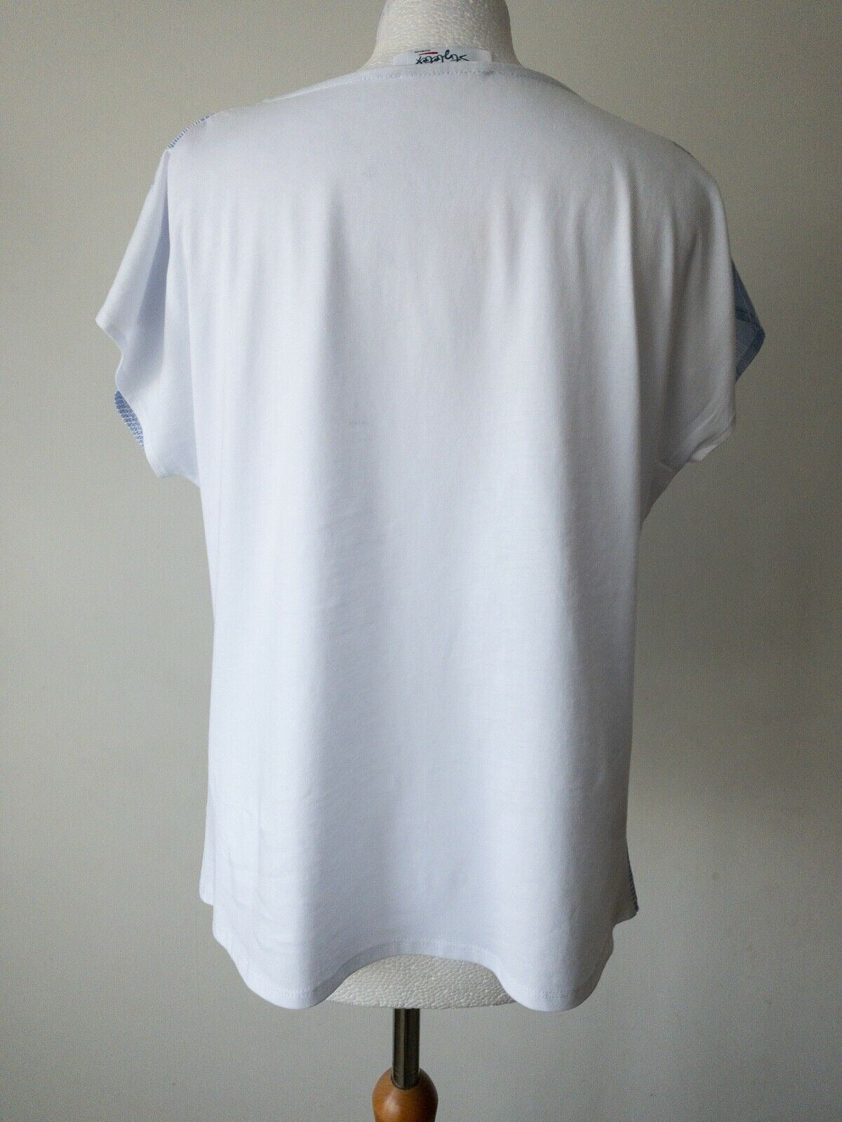 Contrast T-Shirt Blue Striped Front and Solid White Back Size 10 Button Detail - Beagle Boutique Fashion Outlet