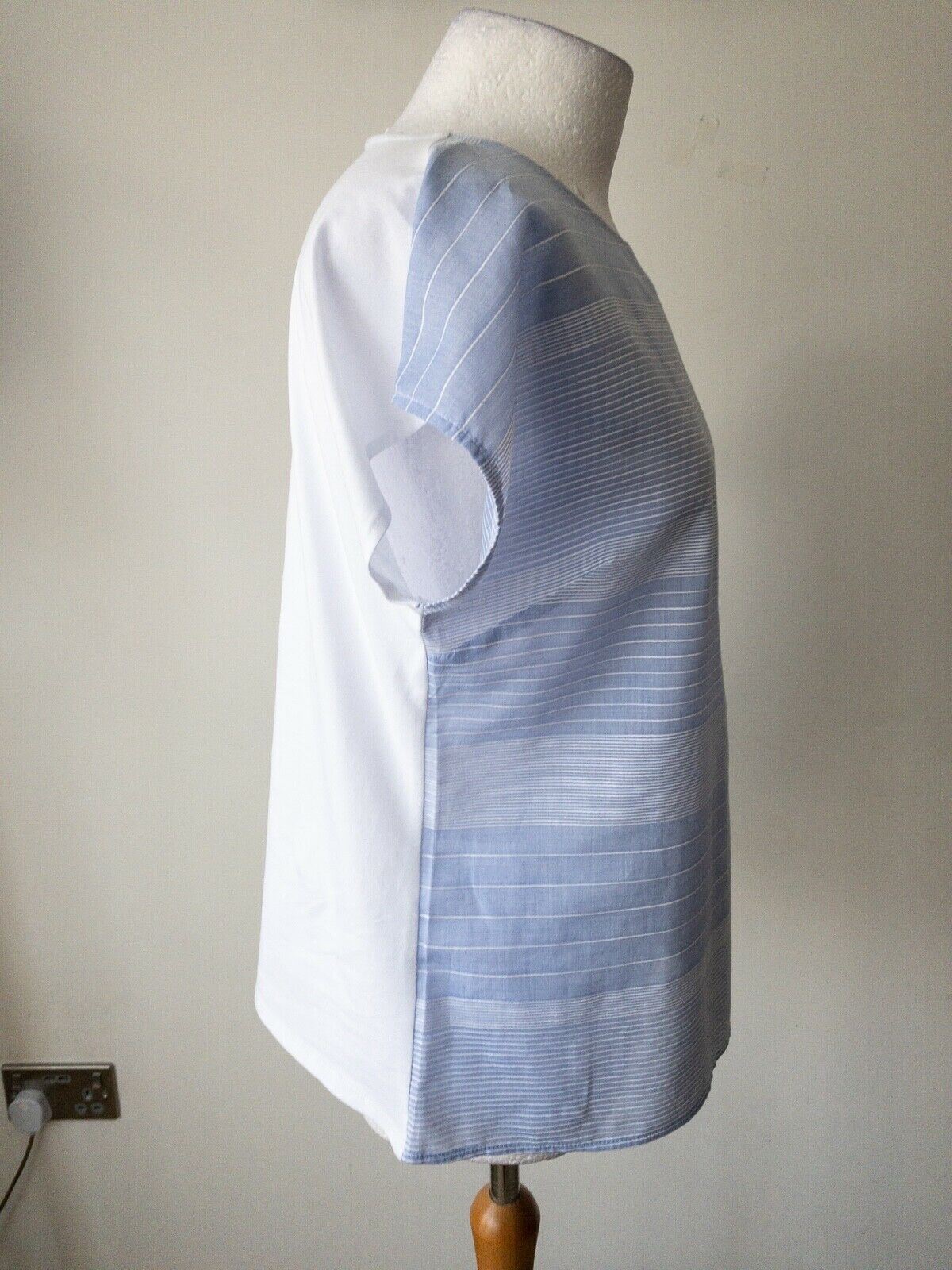 Contrast T-Shirt Blue Striped Front and Solid White Back Size 10 Button Detail