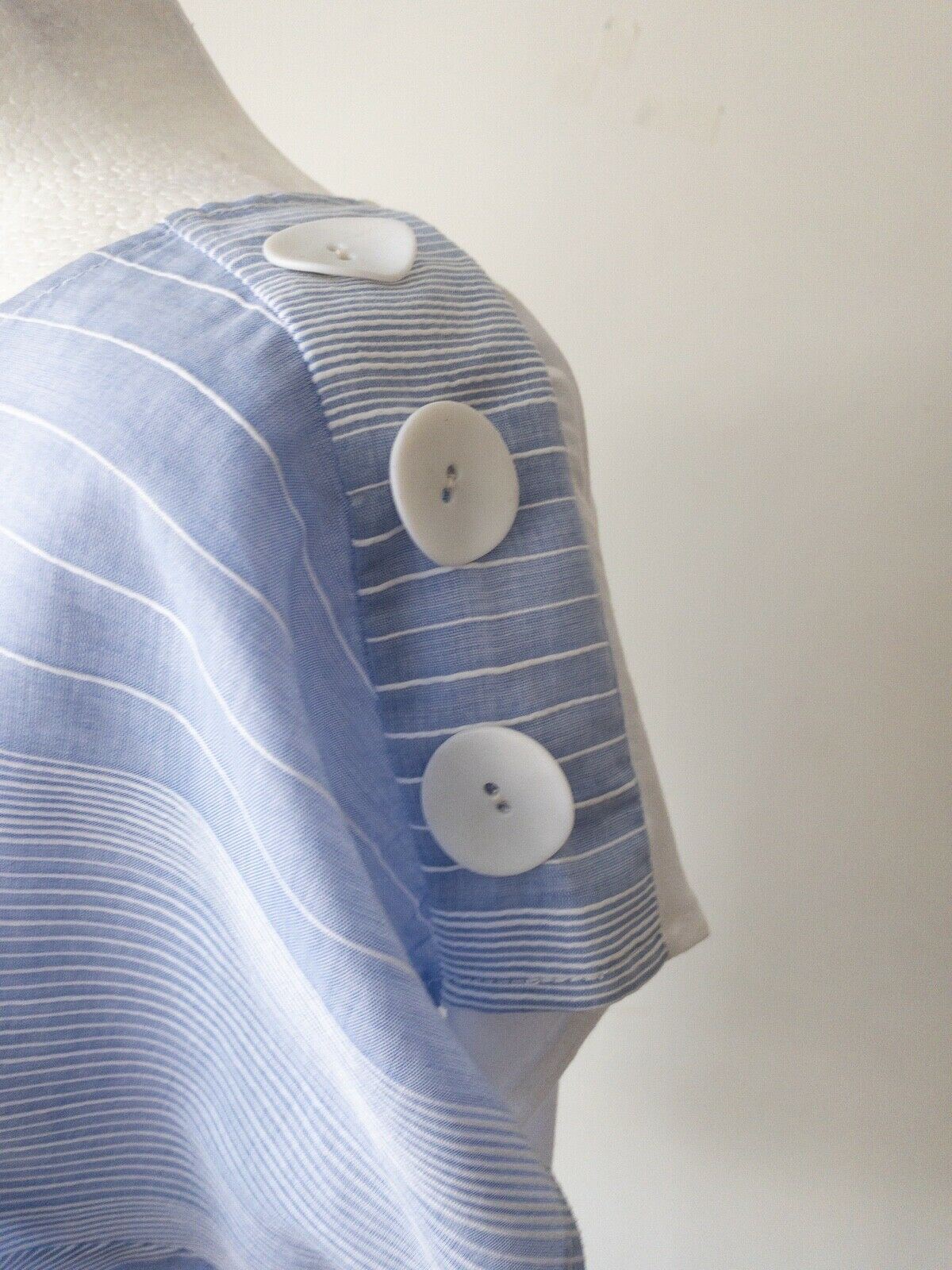 Contrast T-Shirt Blue Striped Front and Solid White Back Size 10 Button Detail - Beagle Boutique Fashion Outlet