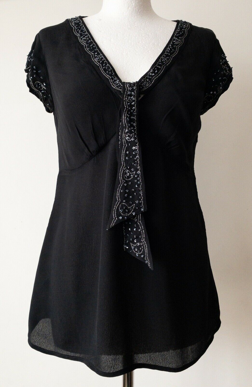 Next Black Chiffon Blouse Tie Neck Beaded Detail Size 8 Y2K - BB Fashion Outlet