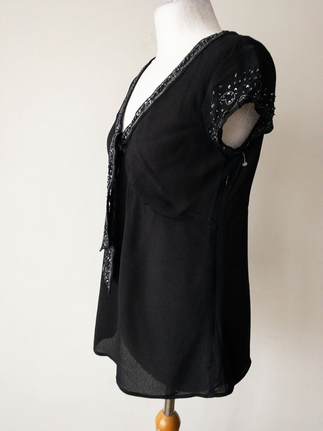 Next Black Chiffon Blouse Tie Neck Beaded Detail Size 8 Y2K - BB Fashion Outlet