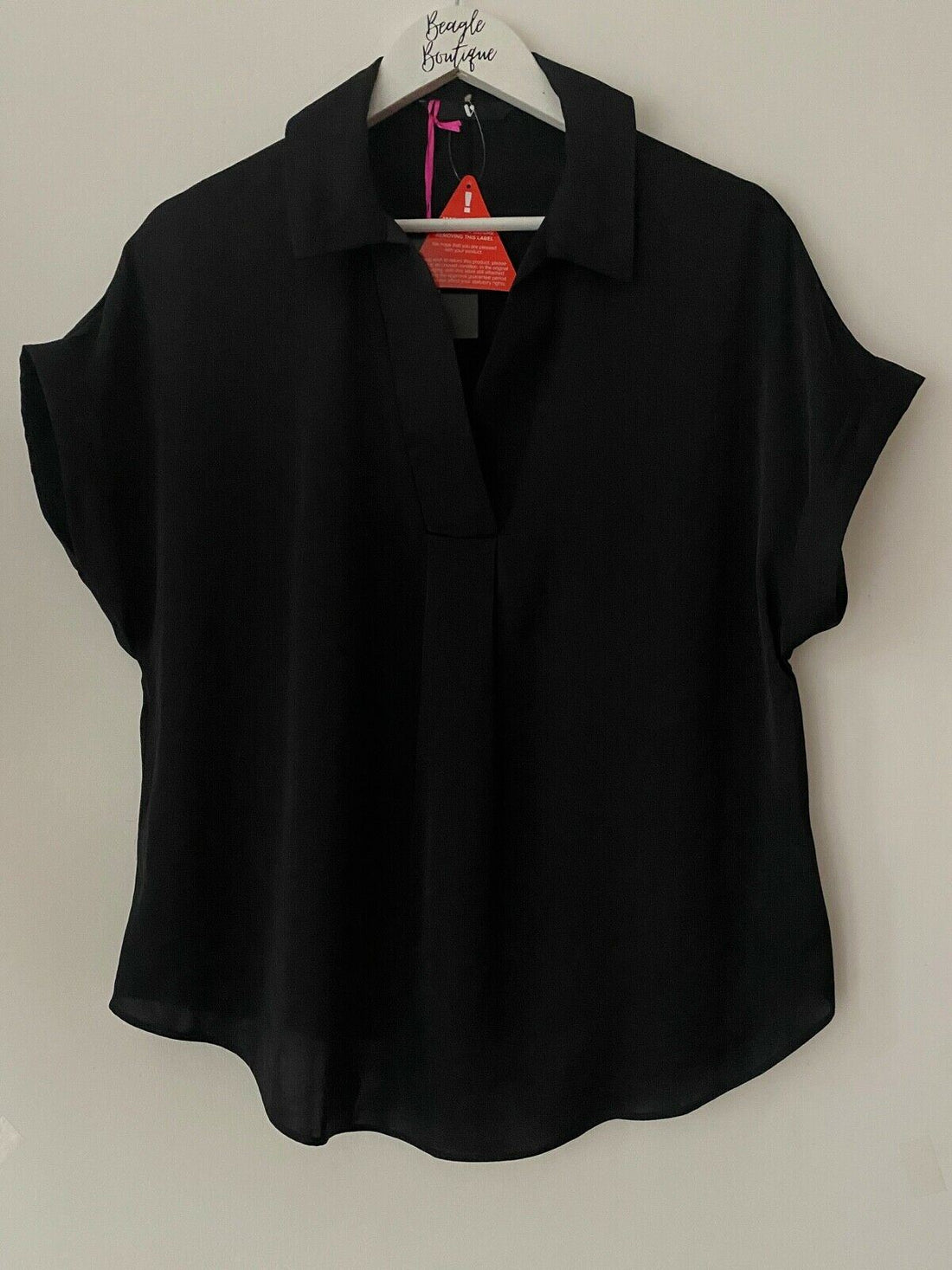 Very Black Satin Type Collared V-Neck Blouse Size 8 - Beagle Boutique Fashion Outlet