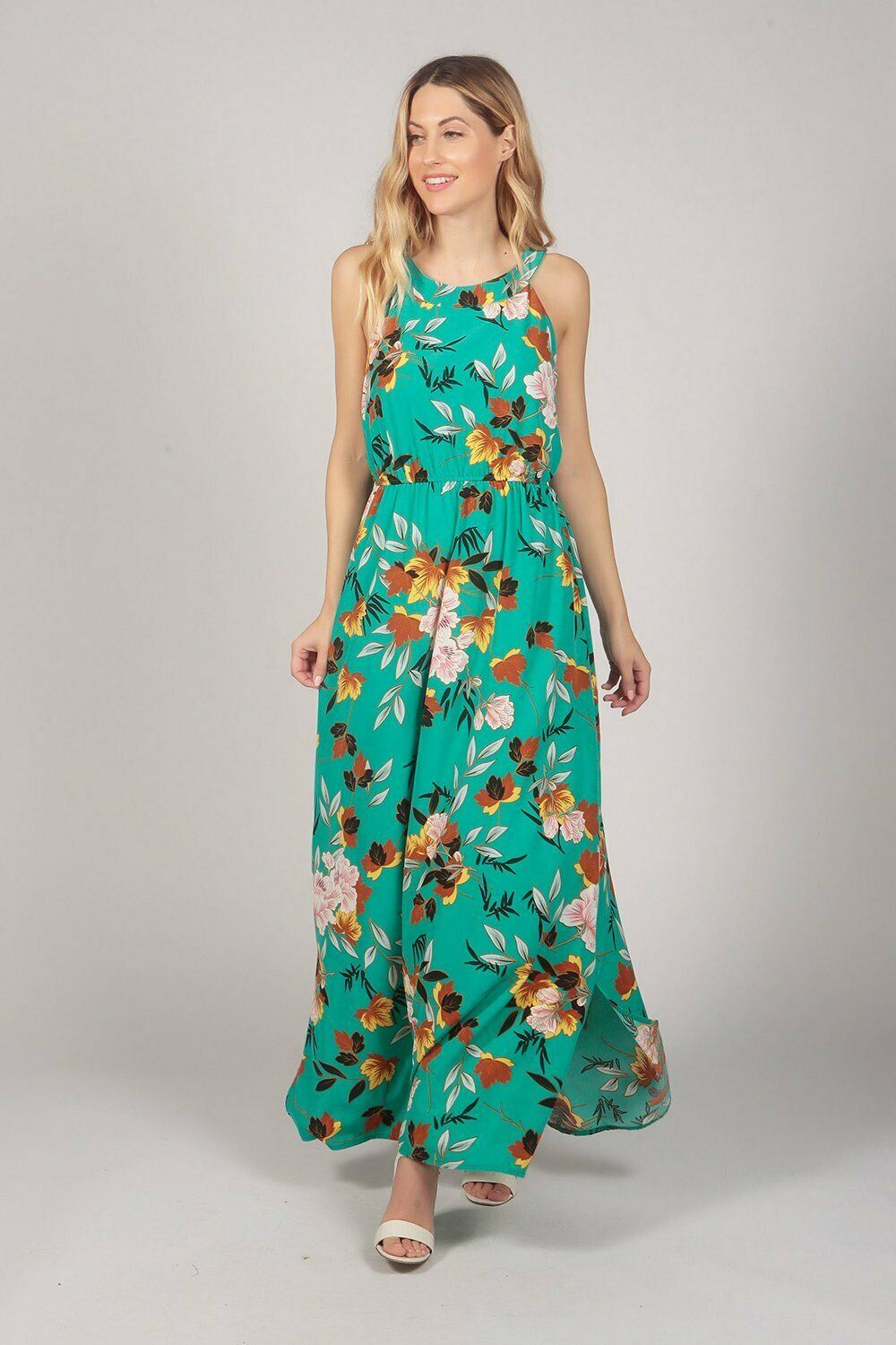 TENKI London Halter Neck Tropical Flower Maxi Dress Green 8 10 12 14 - Beagle Boutique Fashion Outlet