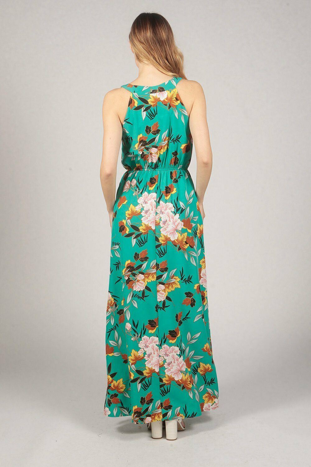 TENKI London Halter Neck Tropical Flower Maxi Dress Green 8 10 12 14 - Beagle Boutique Fashion Outlet