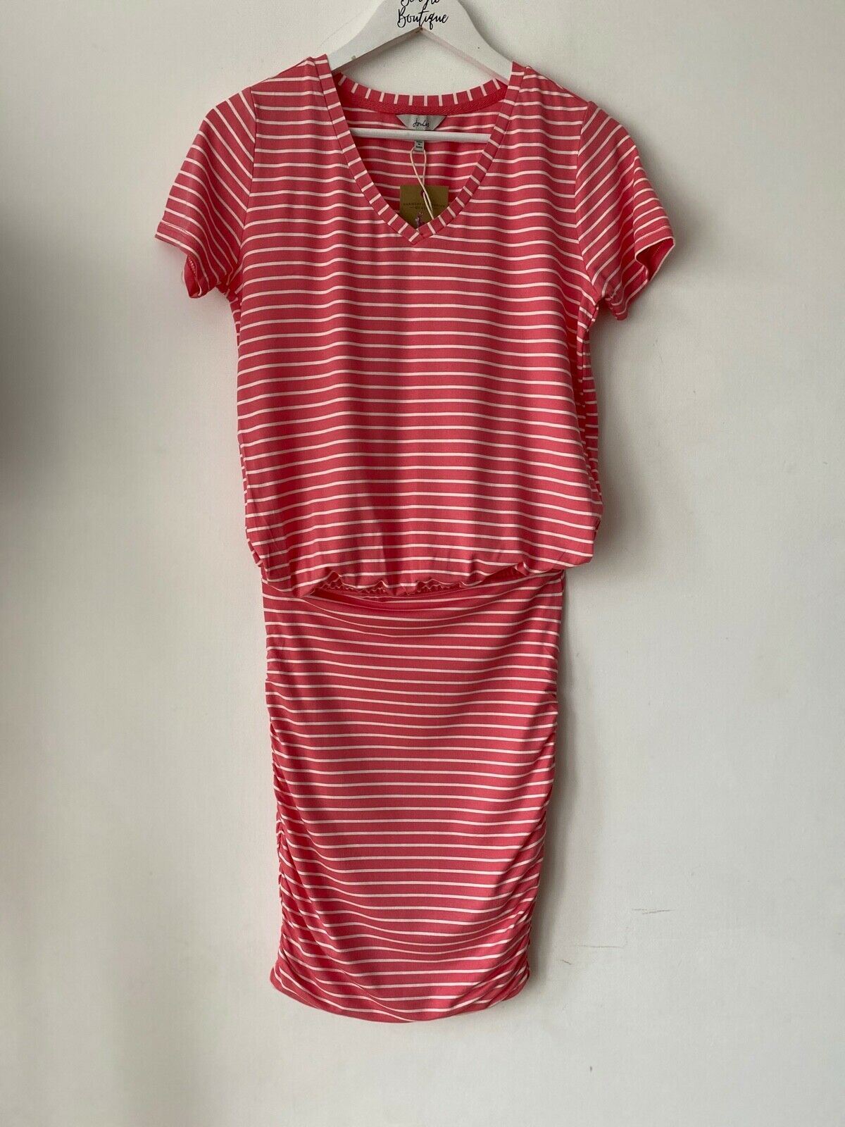 Joules Candice Cotton Striped Dress With Gathered Skirt Navy or Pink Sizes: 6 18 - Beagle Boutique Fashion Outlet