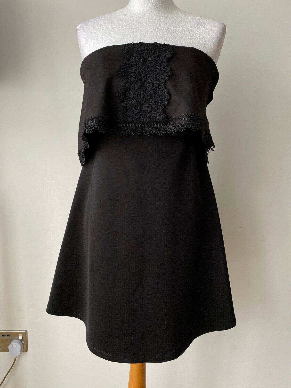River Island Black Strapless A-Line Dress Size 8 Crochet Detail