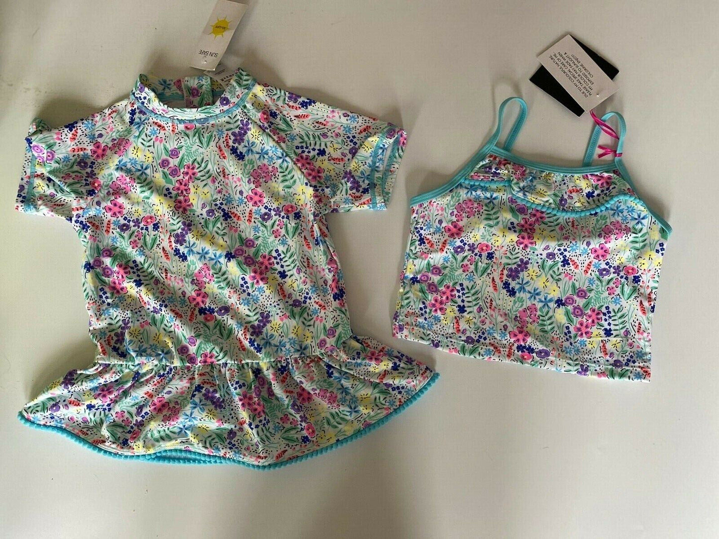 Girls VERY Neon Floral Sunsafe x2 Swimwear Tops Age 4-5 Bottoms are missing