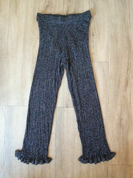River Island Knit Crop Trousers Frill Hems Sizes 6, 8, 12 Black Silver Metallic