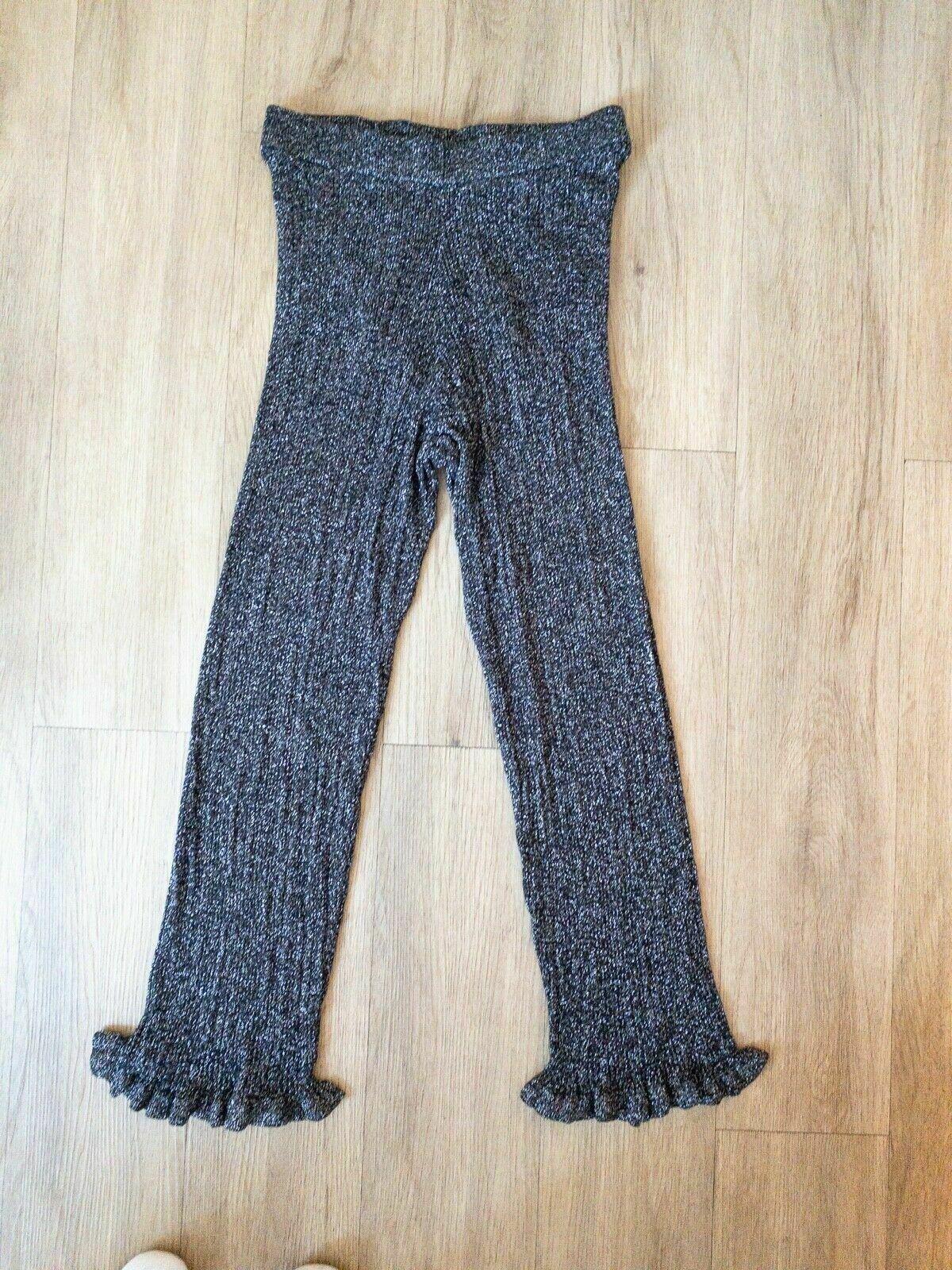River Island Knit Crop Trousers Frill Hems Sizes 6, 8, 12 Black Silver Metallic