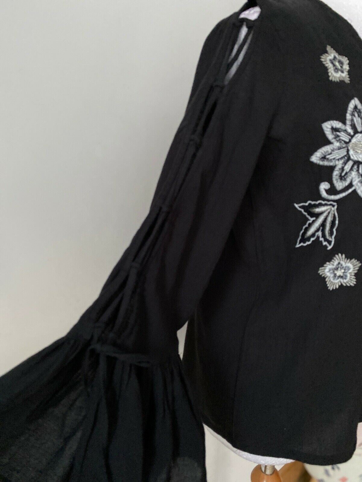 River Island Black Blouse Lace Tie Sleeves Embroidered Size 8