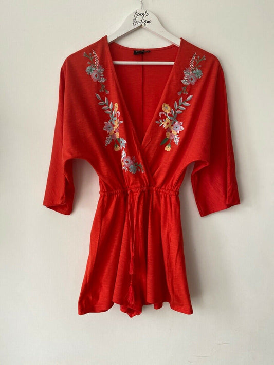 Topshop Red Playsuit Size 4 UK Embroidered floral