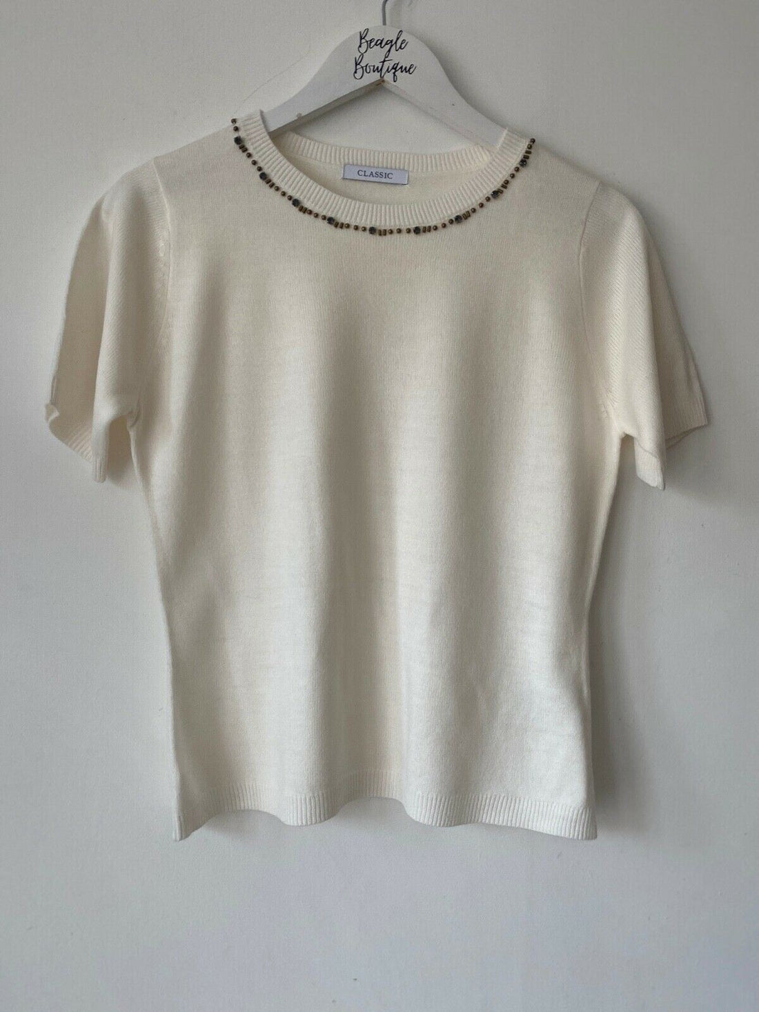 M&S Classic Cream Short Sleeve Jumper Size 8 Beaded Neckline - Beagle Boutique Fashion Outlet