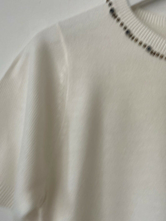 M&S Classic Cream Short Sleeve Jumper Size 8 Beaded Neckline