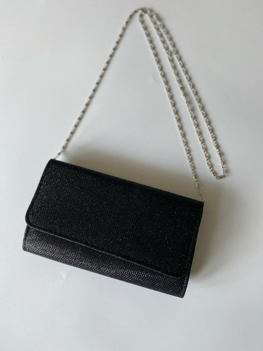 Black Glitter Clutch Evening Bag Removable Chain Strap