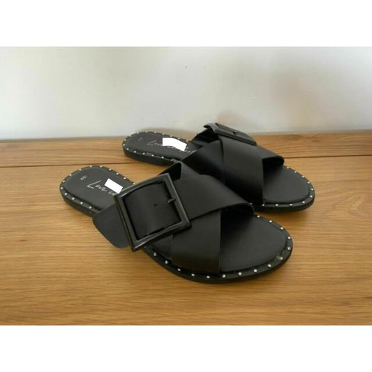 New Look Black Leather Cross-Strap Buckle Flat Sandals Sizes 3, 4, 5