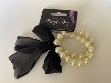 Purple Ivy Faux Double Pearl Bracelet Black Bow - BB Fashion Outlet