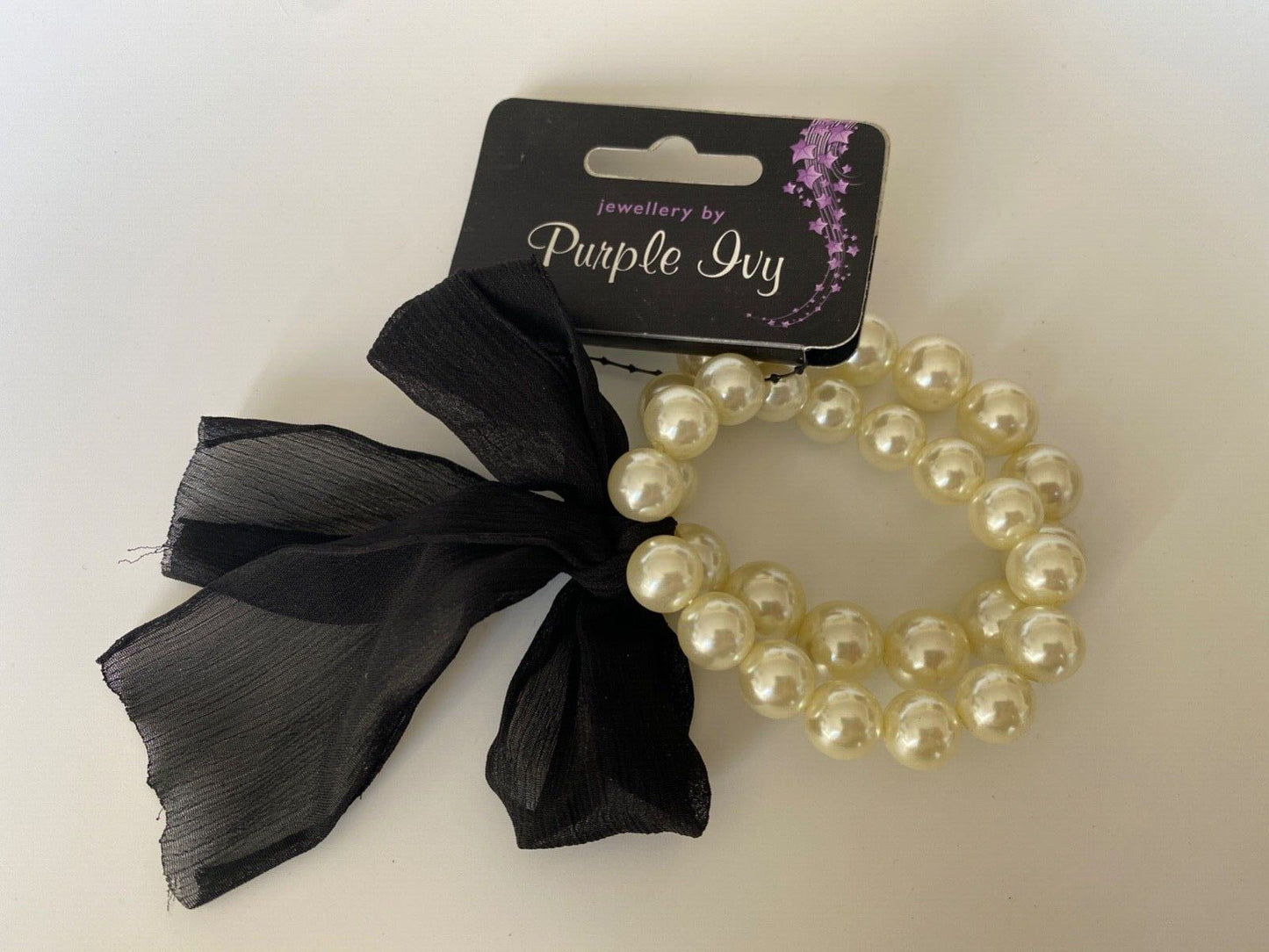 Purple Ivy Faux Double Pearl Bracelet Black Bow