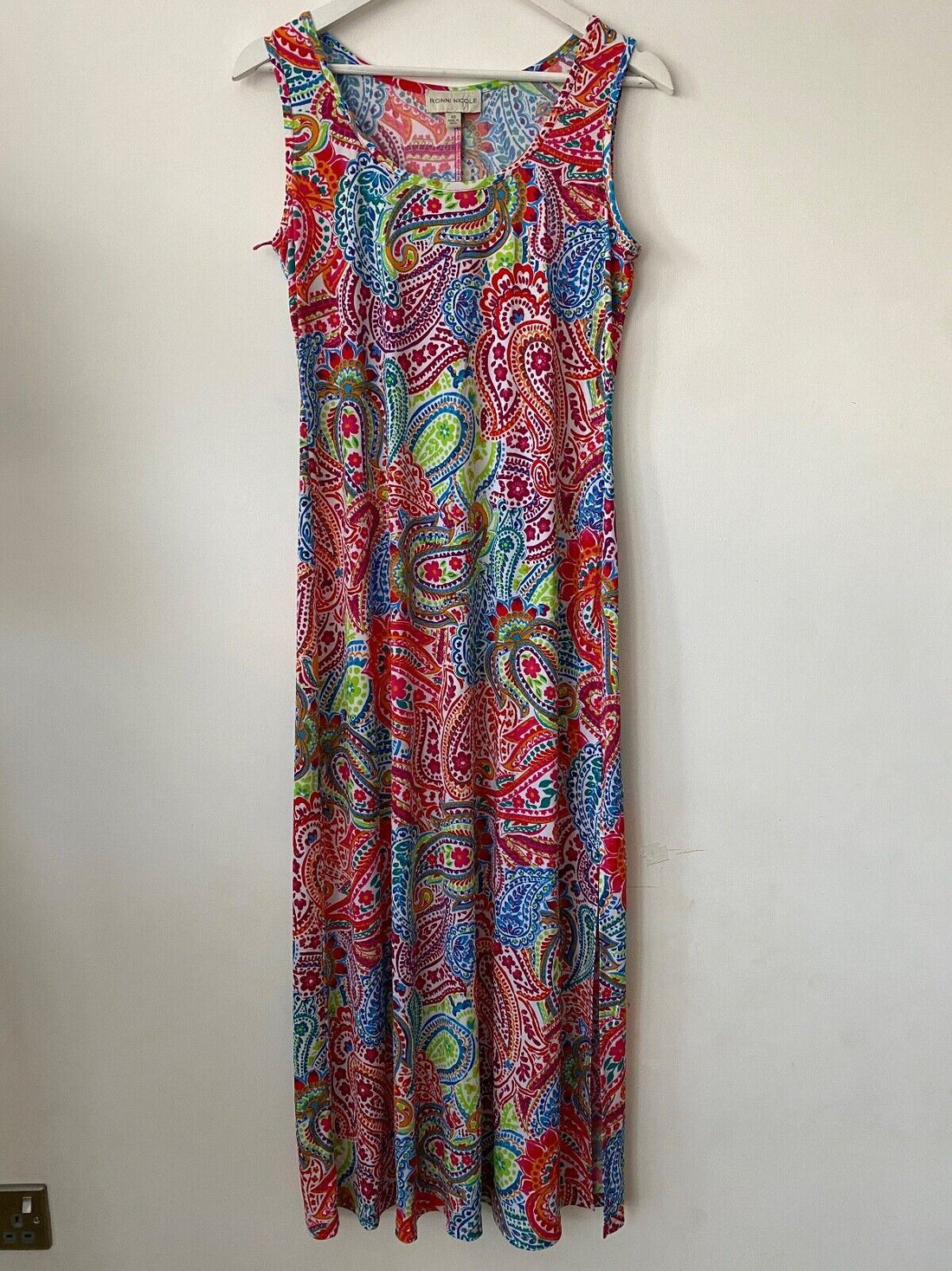 Ronni Nicole Print Sleeveless Maxi Dress 10, 12 Fuchsia Print Front Side Slit - BB Fashion Outlet