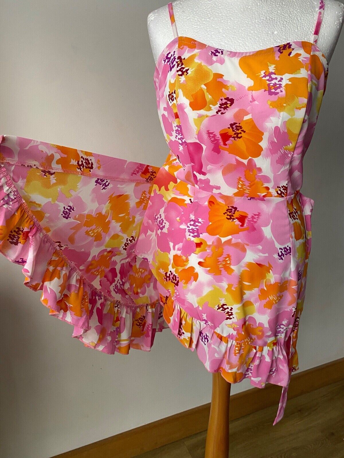 Quiz Pink / Orange Floral Strapt Wrap Dress Size 10