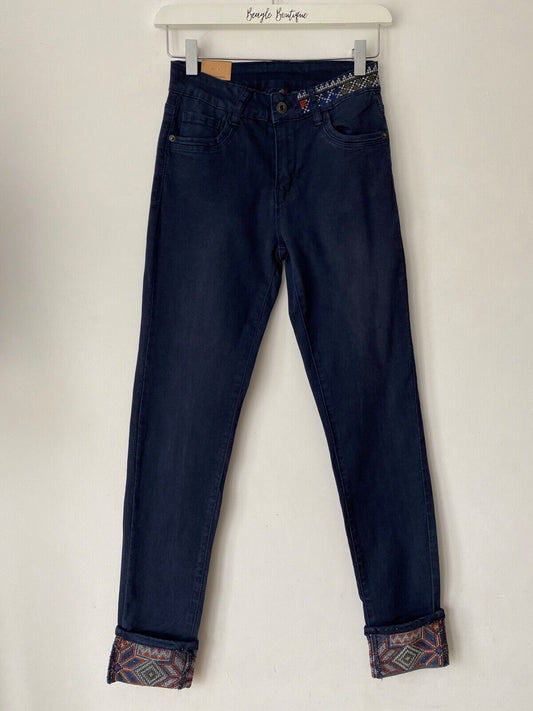Onado Fashion Indigo Skinny Jeans Embroidered Detail Size S 8