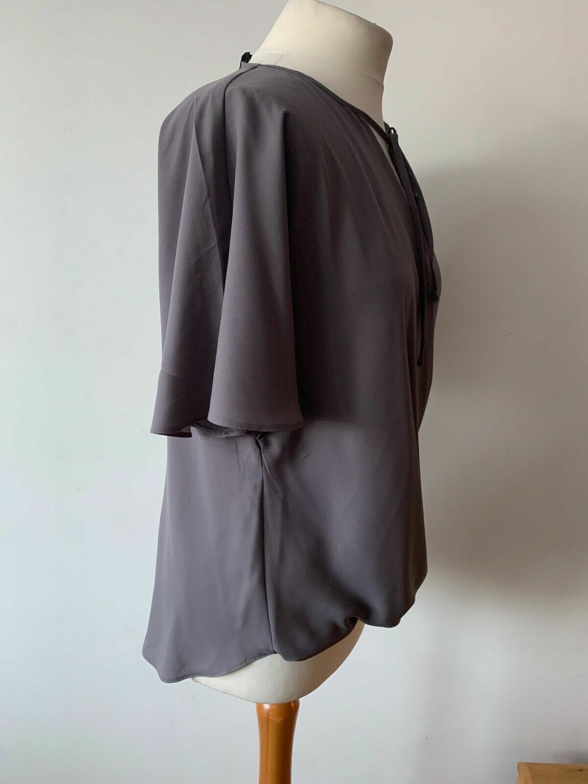 New Look Grey Tie Neck Wrap Blouse Size 8 Draped Short Sleeves