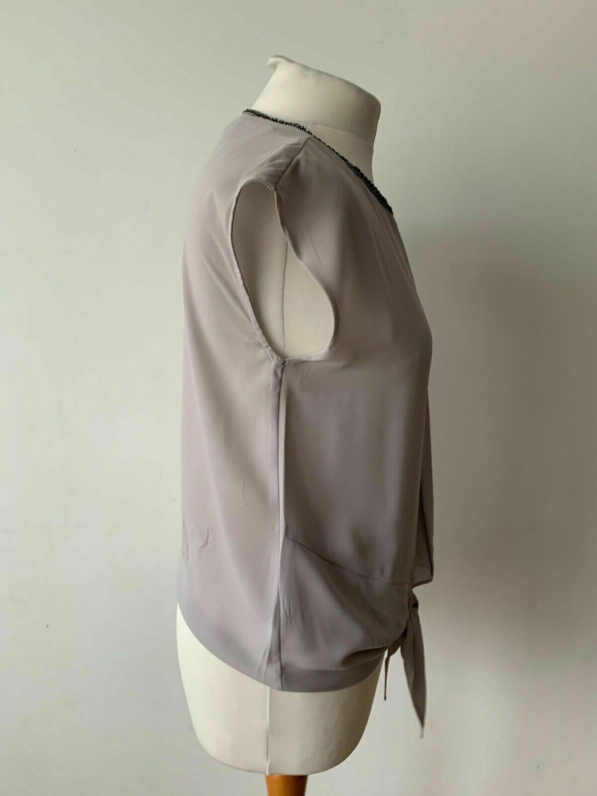 OASIS Grey Sleeveless Blouse Bejewelled Neckline Tie Front Size 8