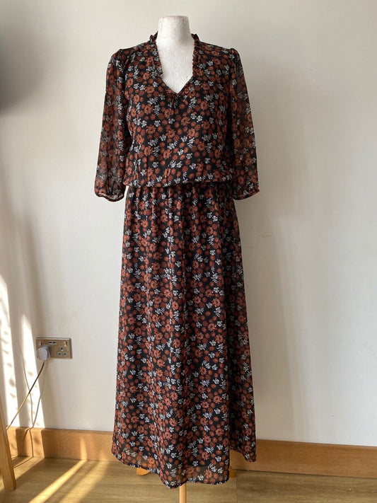 La Redoute R edition Chiffon Layered Black Brown Floral Dress Size 12