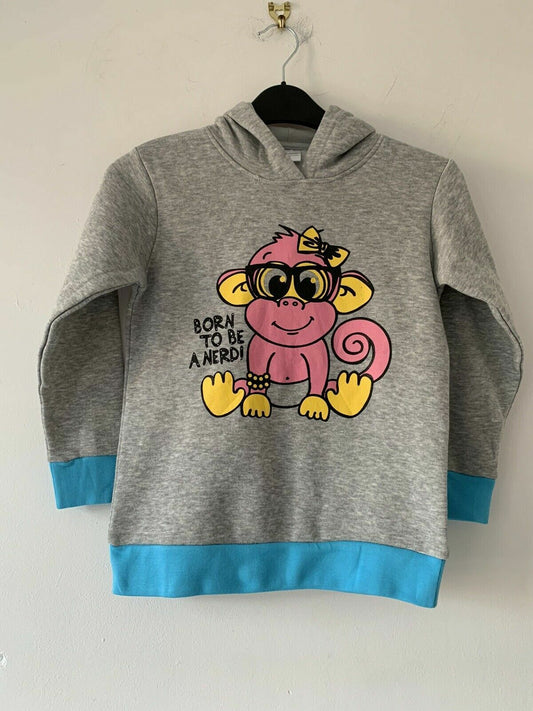 Girls Grey Hooded Sweatshirt Jumper Age 6 years old Pink Monkey