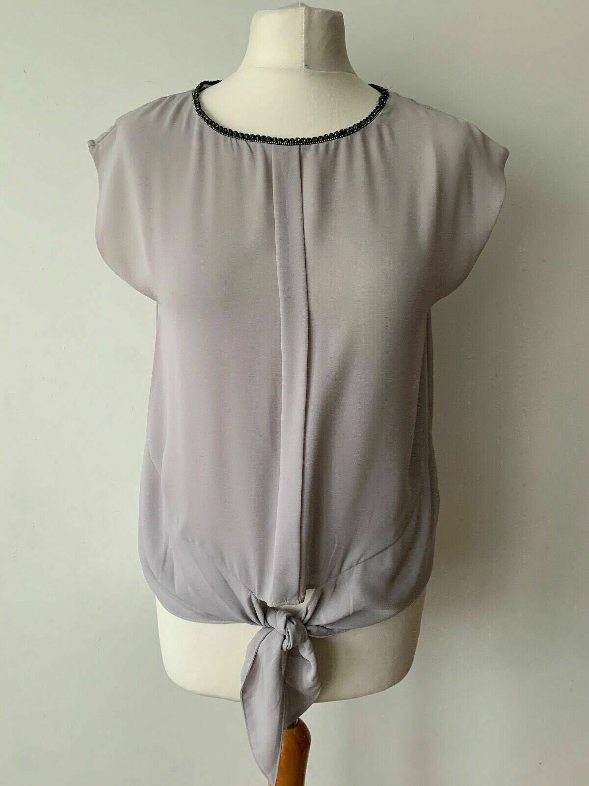 OASIS Grey Sleeveless Blouse Bejewelled Neckline Tie Front Size 8
