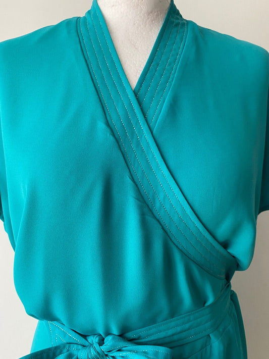 La Redoute Faux Wrap Tie Belt Oversized Dress Size 10 Metallic Thread Turquoise