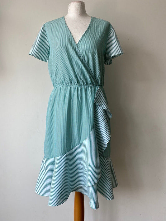 La Redoute Green Striped Faux Wrap Lined Dress Size 10